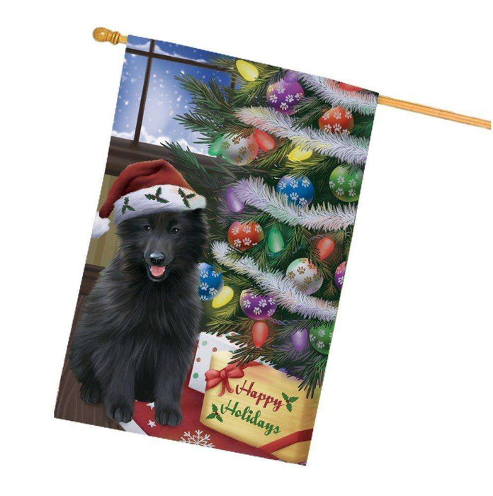 Christmas Happy Holidays Belgian Shepherds Dog with Tree and Presents House Flag