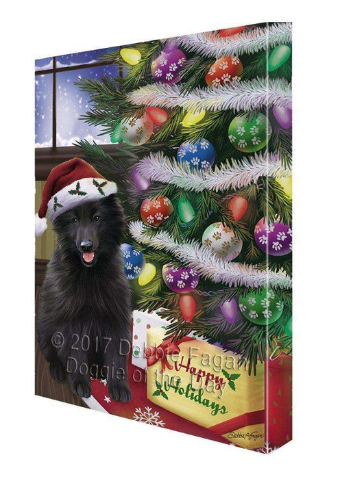 Christmas Happy Holidays Belgian Shepherds Dog with Tree and Presents Painting Printed on Canvas Wall Art
