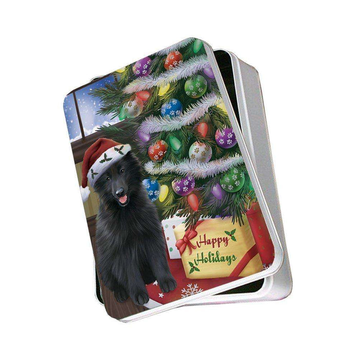 Christmas Happy Holidays Belgian Shepherds Dog with Tree and Presents Photo Storage Tin