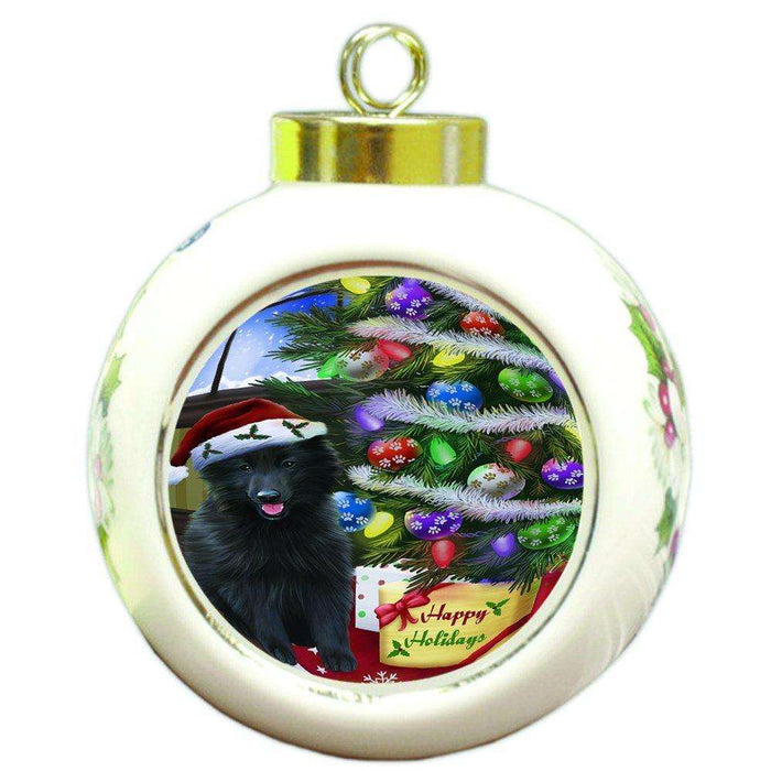 Christmas Happy Holidays Belgian Shepherds Dog with Tree and Presents Round Ball Ornament D055