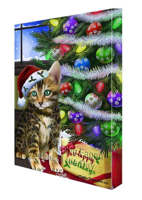 Christmas Happy Holidays Bengal Cat with Tree and Presents Canvas Print Wall Art Décor CVS98810