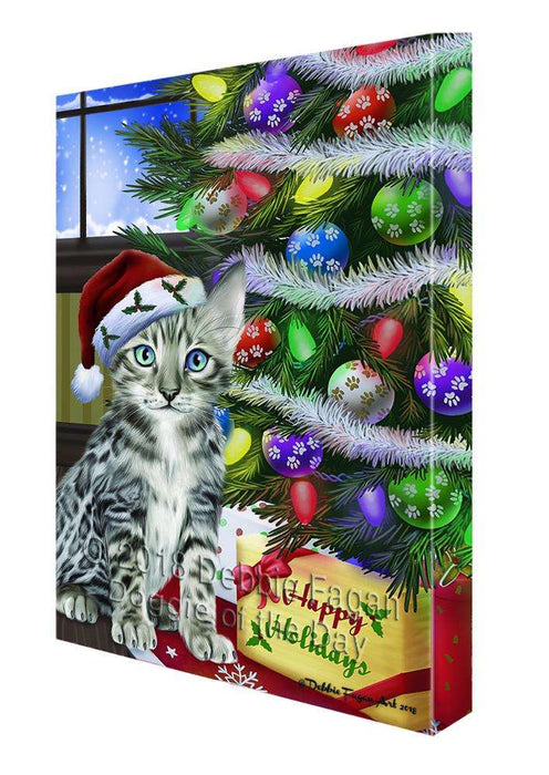 Christmas Happy Holidays Bengal Cat with Tree and Presents Canvas Print Wall Art Décor CVS98819