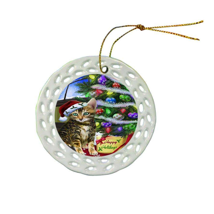 Christmas Happy Holidays Bengal Cat with Tree and Presents Ceramic Doily Ornament DPOR53440