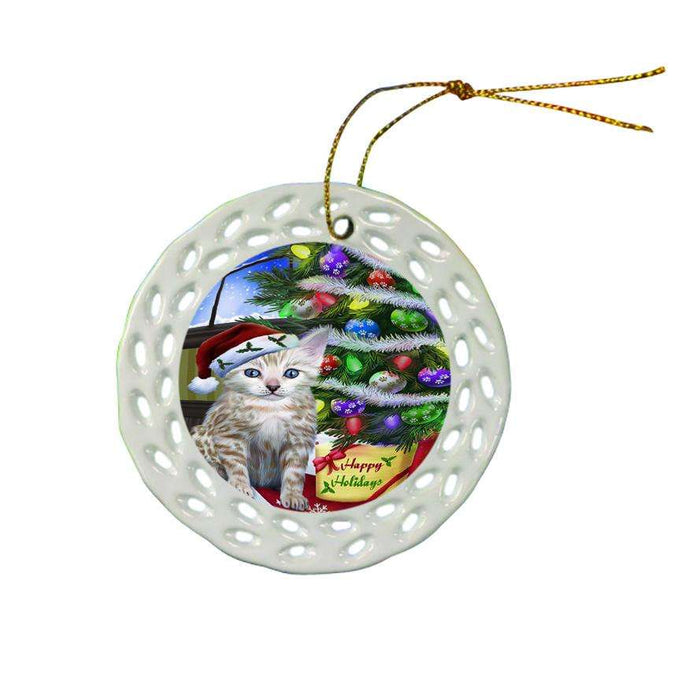 Christmas Happy Holidays Bengal Cat with Tree and Presents Ceramic Doily Ornament DPOR53442
