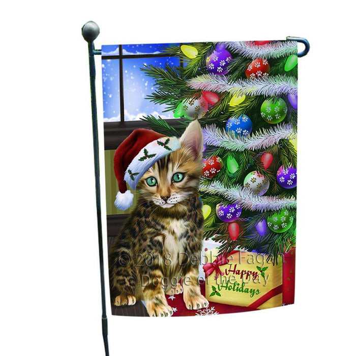 Christmas Happy Holidays Bengal Cat with Tree and Presents Garden Flag GFLG53502