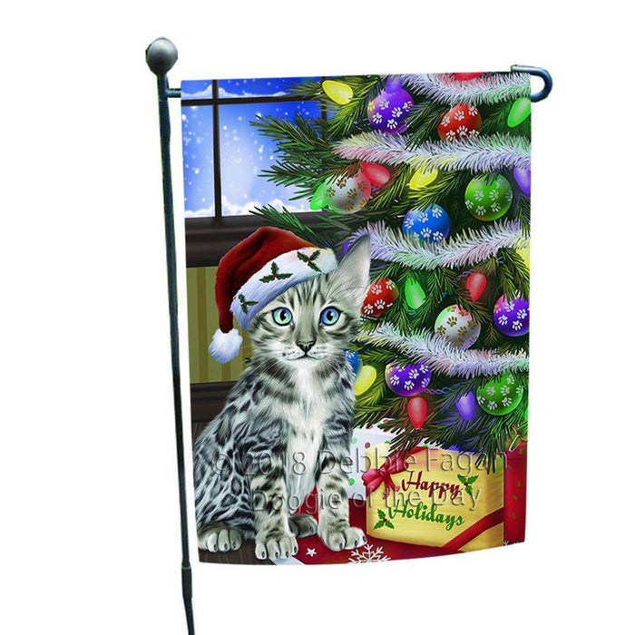 Christmas Happy Holidays Bengal Cat with Tree and Presents Garden Flag GFLG53503