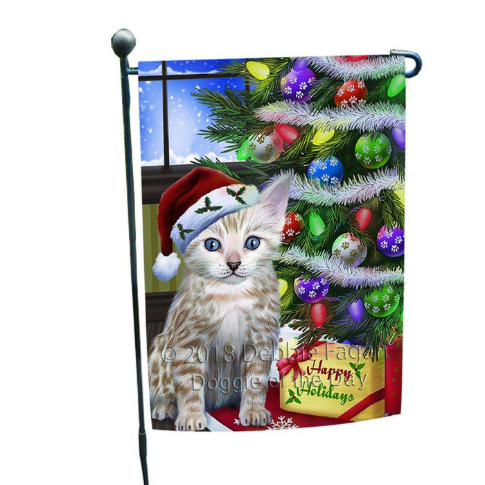 Christmas Happy Holidays Bengal Cat with Tree and Presents Garden Flag GFLG53504