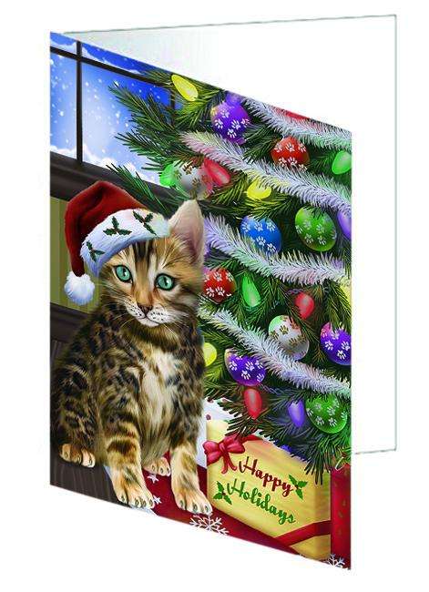 Christmas Happy Holidays Bengal Cat with Tree and Presents Handmade Artwork Assorted Pets Greeting Cards and Note Cards with Envelopes for All Occasions and Holiday Seasons GCD64349