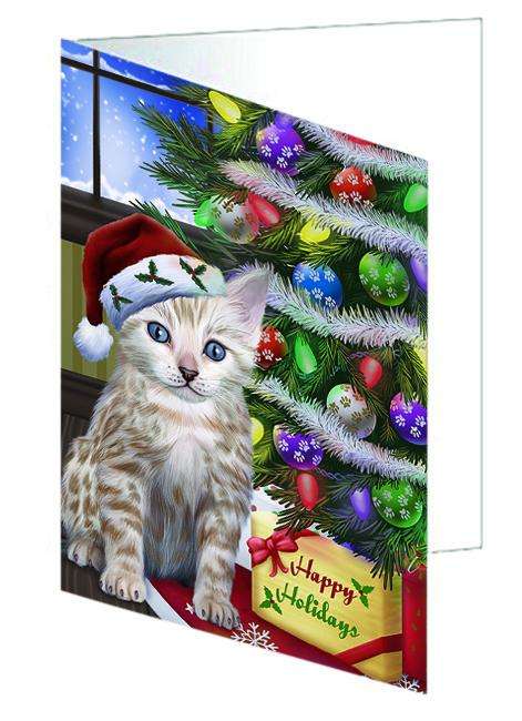 Christmas Happy Holidays Bengal Cat with Tree and Presents Handmade Artwork Assorted Pets Greeting Cards and Note Cards with Envelopes for All Occasions and Holiday Seasons GCD64355