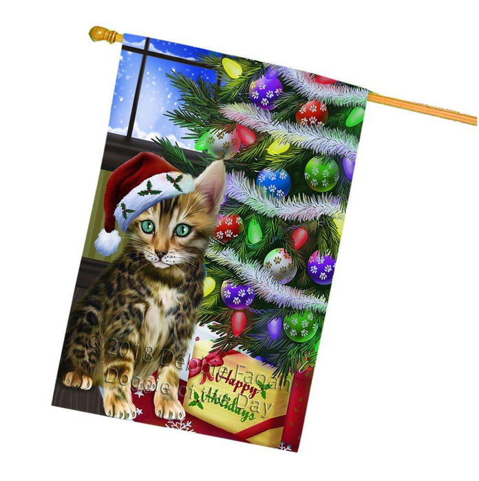 Christmas Happy Holidays Bengal Cat with Tree and Presents House Flag FLG53638