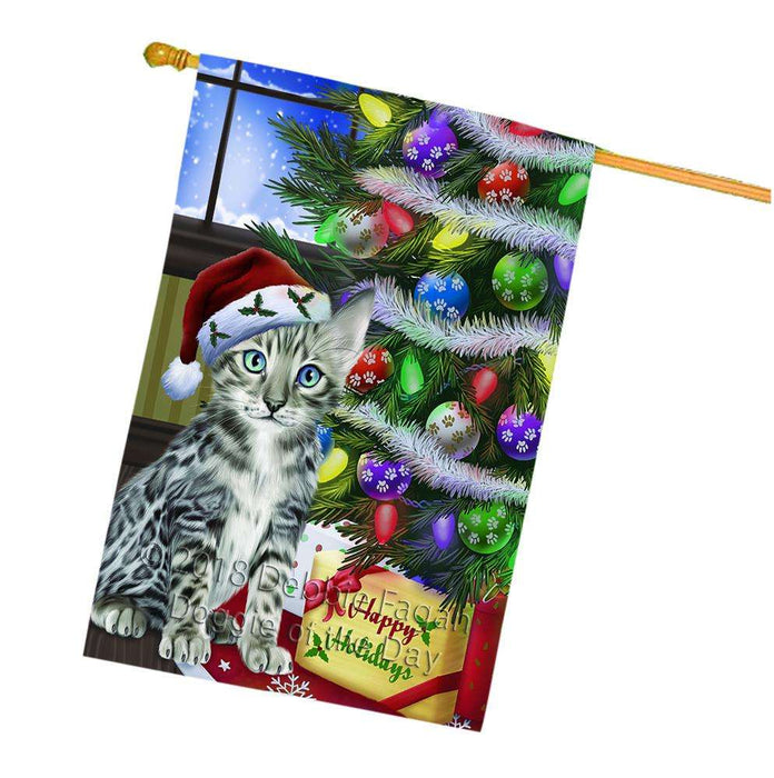 Christmas Happy Holidays Bengal Cat with Tree and Presents House Flag FLG53639