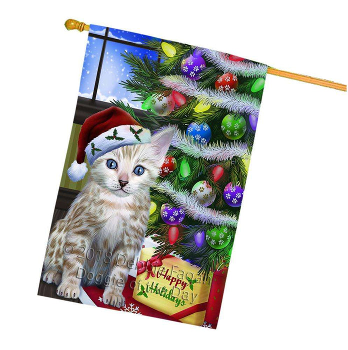 Christmas Happy Holidays Bengal Cat with Tree and Presents House Flag FLG53640