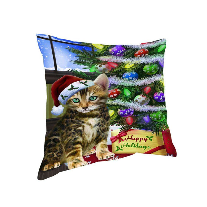 Christmas Happy Holidays Bengal Cat with Tree and Presents Pillow PIL70384