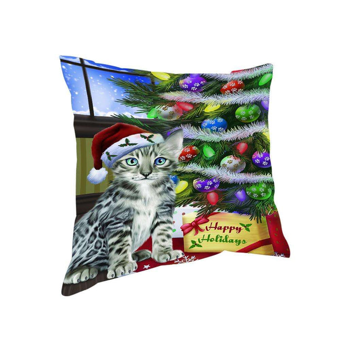 Christmas Happy Holidays Bengal Cat with Tree and Presents Pillow PIL70388