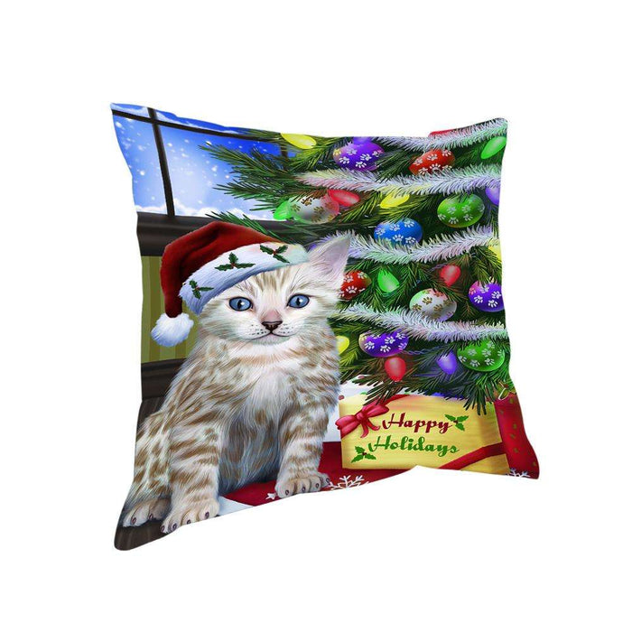 Christmas Happy Holidays Bengal Cat with Tree and Presents Pillow PIL70392