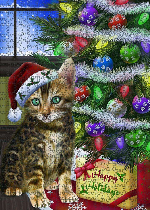 Christmas Happy Holidays Bengal Cat with Tree and Presents Puzzle with Photo Tin PUZL80916