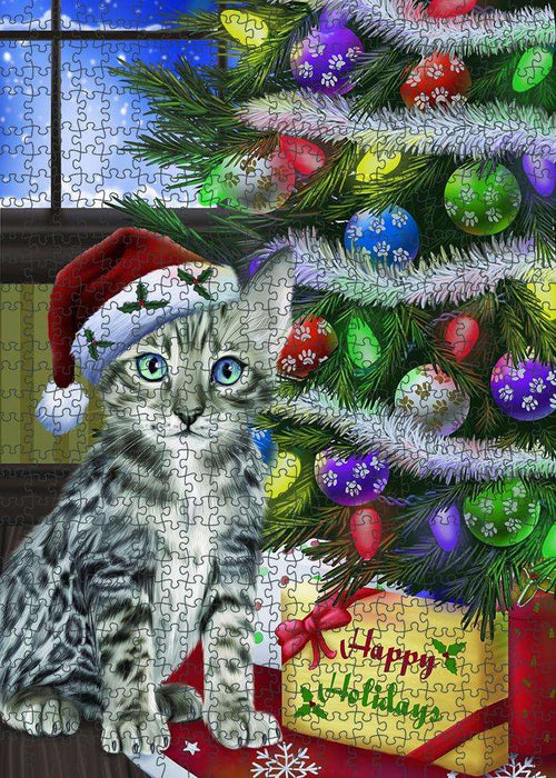 Christmas Happy Holidays Bengal Cat with Tree and Presents Puzzle with Photo Tin PUZL80920
