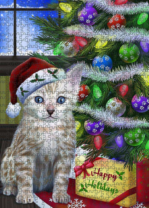 Christmas Happy Holidays Bengal Cat with Tree and Presents Puzzle with Photo Tin PUZL80924