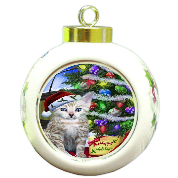 Christmas Happy Holidays Bengal Cat with Tree and Presents Round Ball Christmas Ornament RBPOR53442