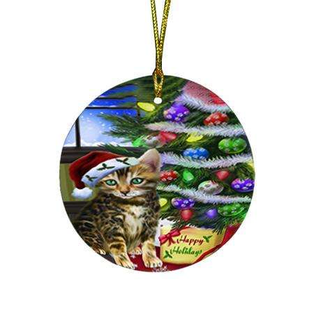 Christmas Happy Holidays Bengal Cat with Tree and Presents Round Flat Christmas Ornament RFPOR53431