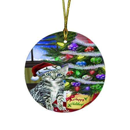 Christmas Happy Holidays Bengal Cat with Tree and Presents Round Flat Christmas Ornament RFPOR53432