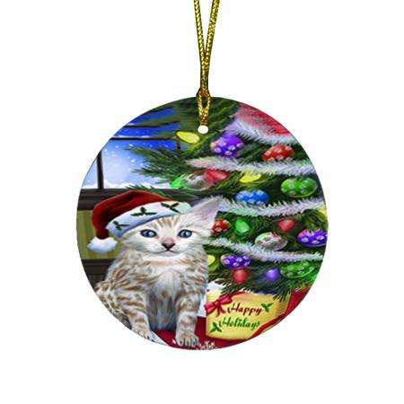 Christmas Happy Holidays Bengal Cat with Tree and Presents Round Flat Christmas Ornament RFPOR53433