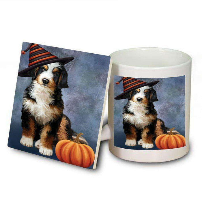 Christmas Happy Holidays Bernedoodle Dog Wearing Witch Hat Mug and Coaster Set MUC0049