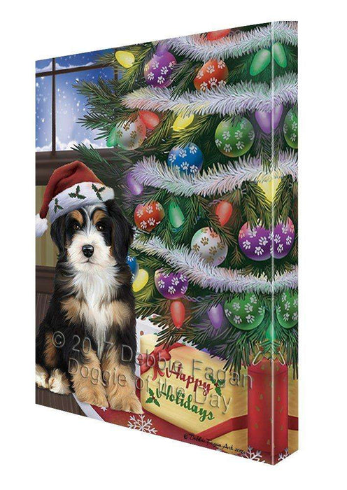 Christmas Happy Holidays Bernedoodle Dog with Tree and Presents Canvas Wall Art