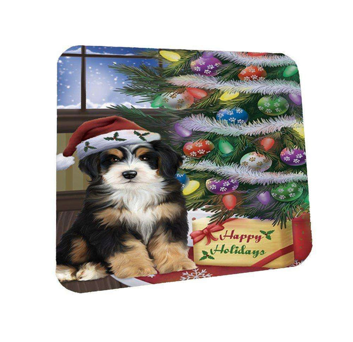 Christmas Happy Holidays Bernedoodle Dog with Tree and Presents Coasters Set of 4