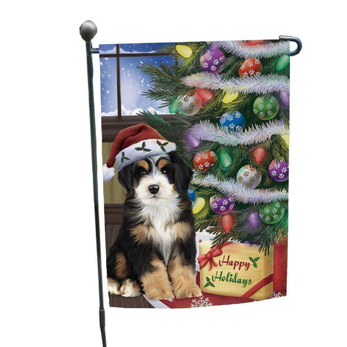 Christmas Happy Holidays Bernedoodle Dog with Tree and Presents Garden Flag
