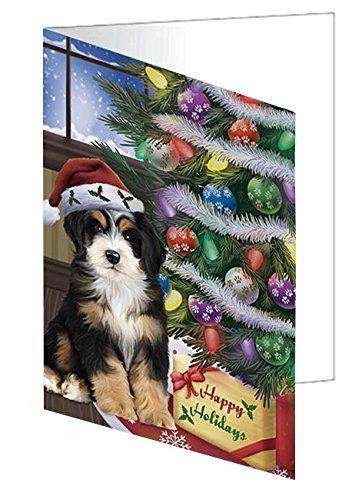 Christmas Happy Holidays Bernedoodle Dog with Tree and Presents Handmade Artwork Assorted Pets Greeting Cards and Note Cards with Envelopes for All Occasions and Holiday Seasons