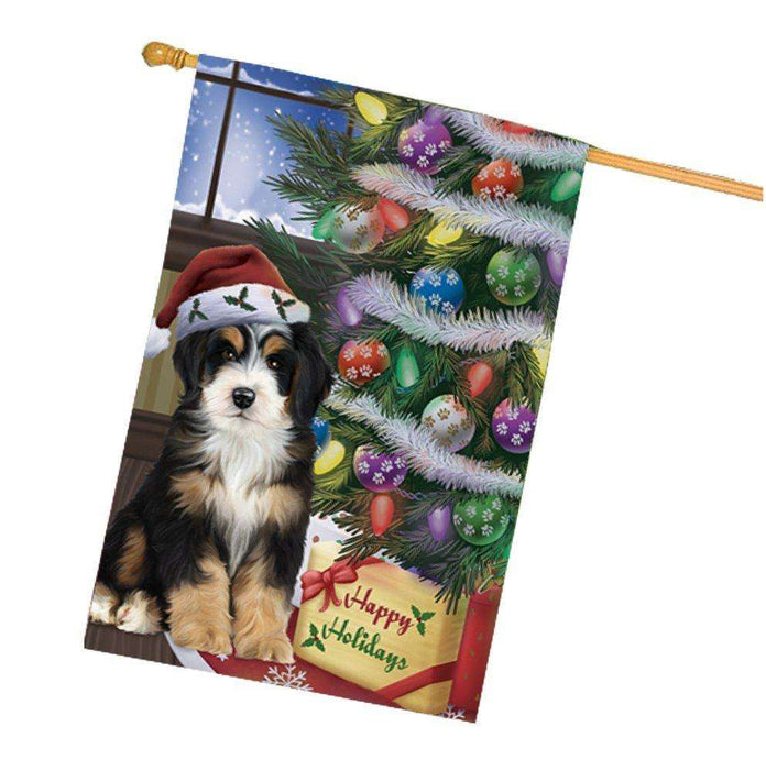 Christmas Happy Holidays Bernedoodle Dog with Tree and Presents House Flag