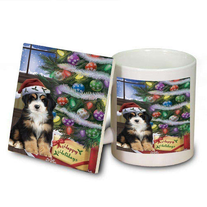 Christmas Happy Holidays Bernedoodle Dog with Tree and Presents Mug and Coaster Set