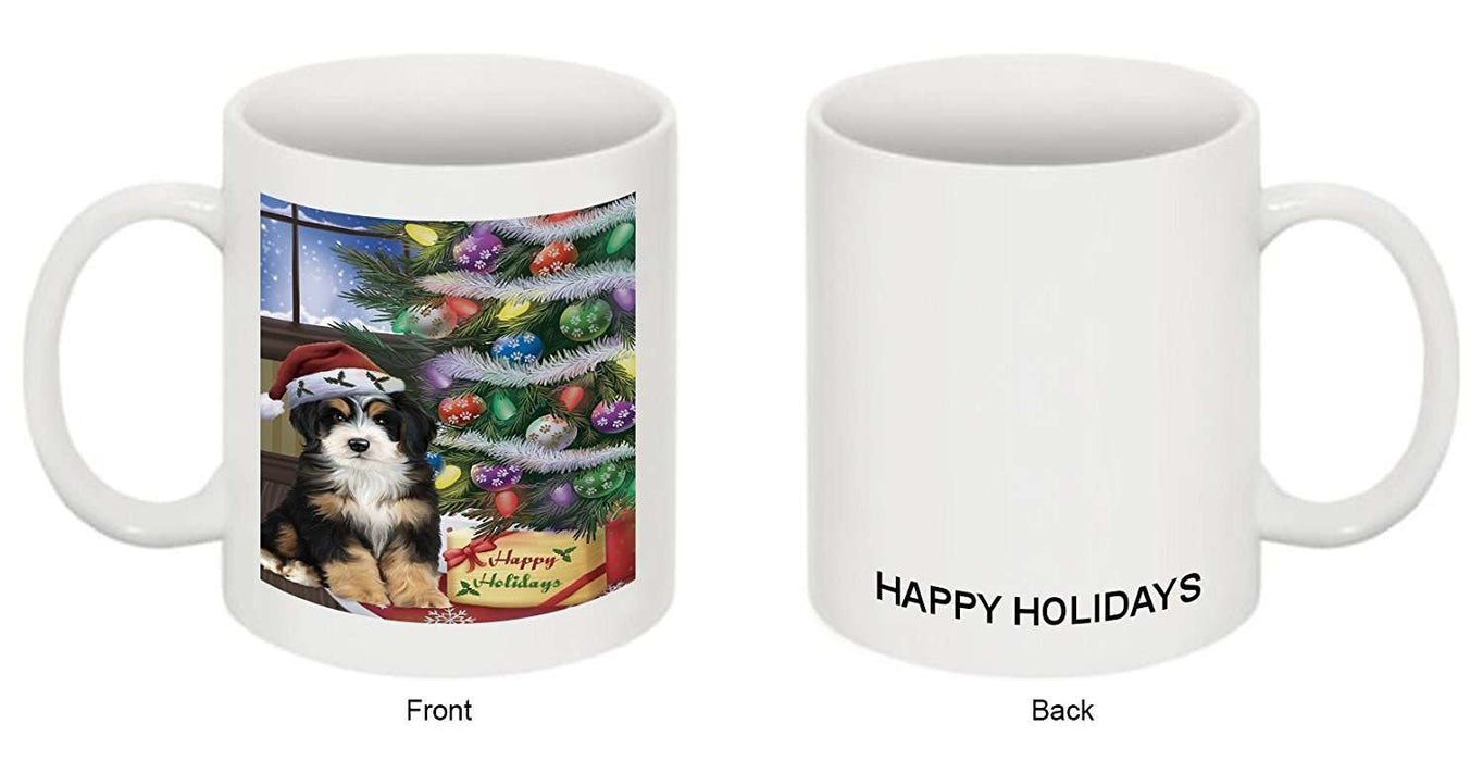 Christmas Happy Holidays Bernedoodle Dog with Tree and Presents Mug