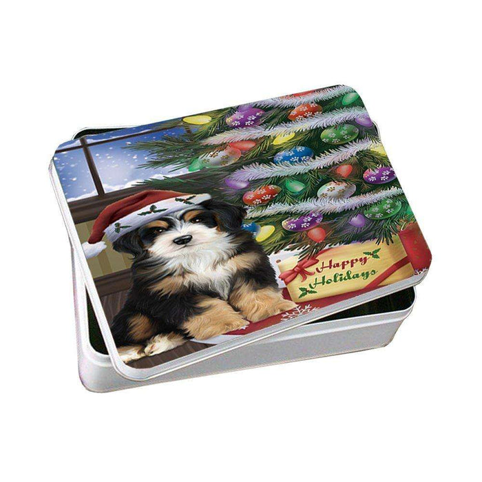 Christmas Happy Holidays Bernedoodle Dog with Tree and Presents Photo Storage Tin