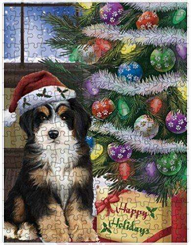Christmas Happy Holidays Bernedoodle Dog with Tree and Presents Puzzle with Photo Tin