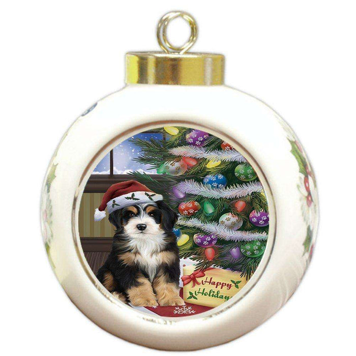 Christmas Happy Holidays Bernedoodle Dog with Tree and Presents Round Ball Ornament