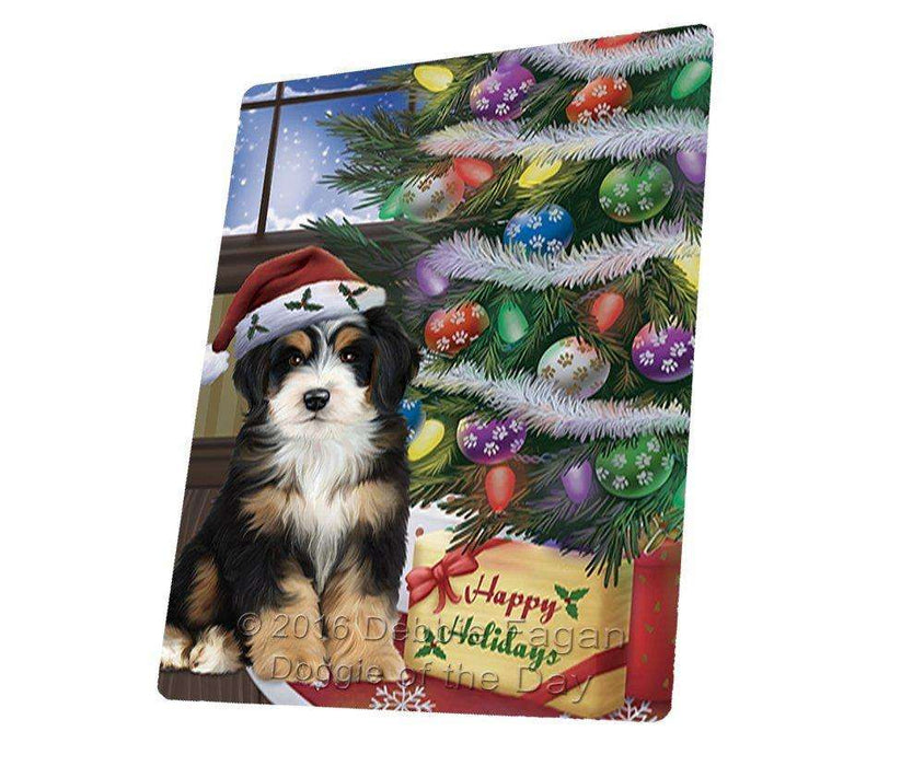 Christmas Happy Holidays Bernedoodle Dog with Tree and Presents Tempered Cutting Board