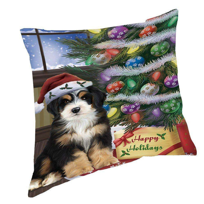 Christmas Happy Holidays Bernedoodle Dog with Tree and Presents Throw Pillow