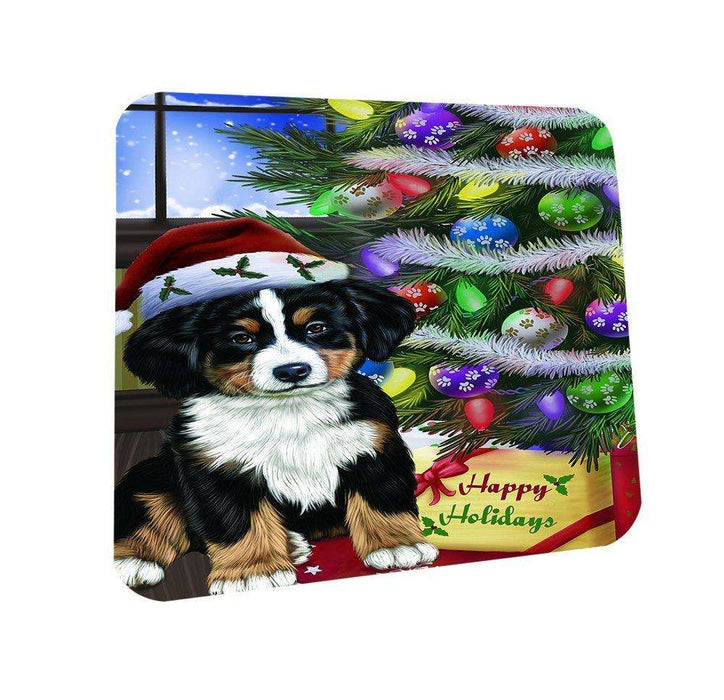 Christmas Happy Holidays Bernese Dog with Tree and Presents Coasters Set of 4