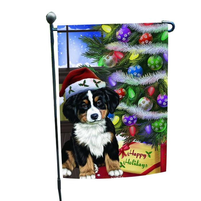 Christmas Happy Holidays Bernese Dog with Tree and Presents Garden Flag