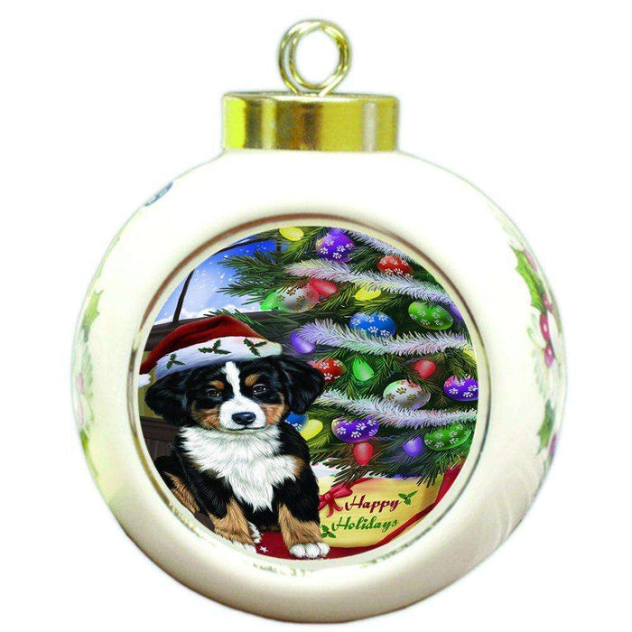 Christmas Happy Holidays Bernese Dog with Tree and Presents Round Ball Ornament D056