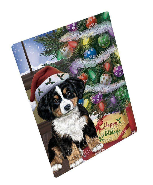 Christmas Happy Holidays Bernese Mountain Dog with Tree and Presents Art Portrait Print Woven Throw Sherpa Plush Fleece Blanket