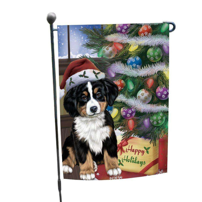 Christmas Happy Holidays Bernese Mountain Dog with Tree and Presents Garden Flag