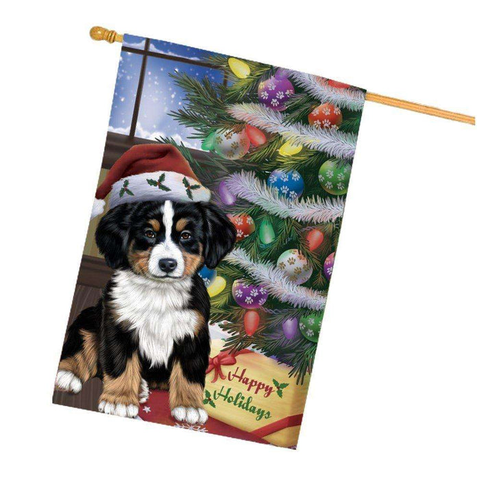 Christmas Happy Holidays Bernese Mountain Dog with Tree and Presents House Flag