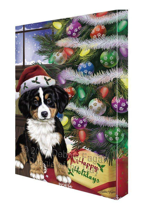 Christmas Happy Holidays Bernese Mountain Dog with Tree and Presents Painting Printed on Canvas Wall Art