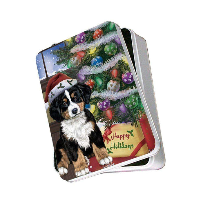 Christmas Happy Holidays Bernese Mountain Dog with Tree and Presents Photo Storage Tin