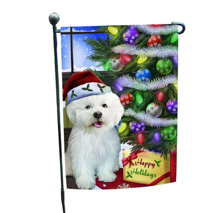 Christmas Happy Holidays Bichon Dog with Tree and Presents Garden Flag
