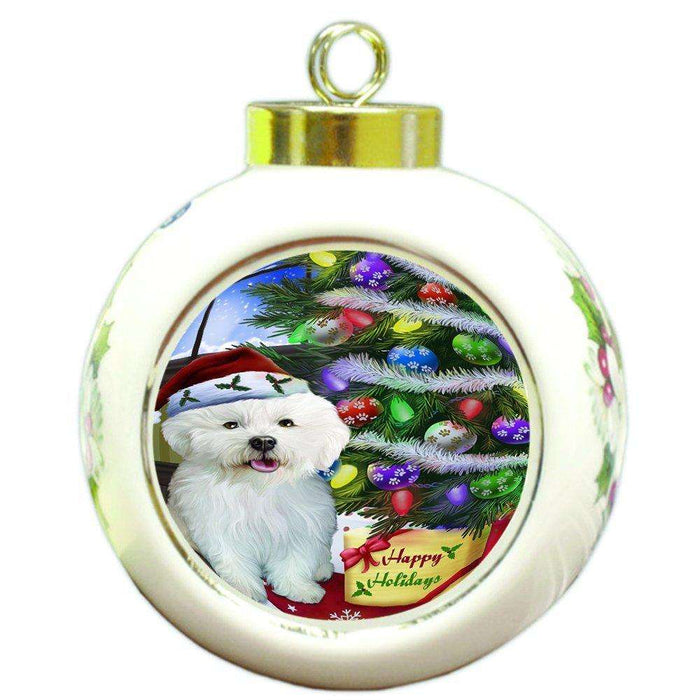 Christmas Happy Holidays Bichon Dog with Tree and Presents Round Ball Ornament D057