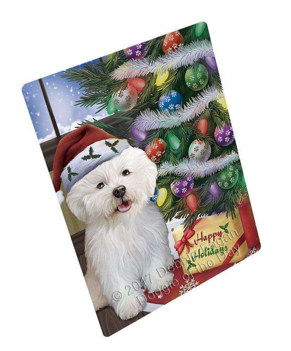 Christmas Happy Holidays Bichon Frise Dog with Tree and Presents Art Portrait Print Woven Throw Sherpa Plush Fleece Blanket
